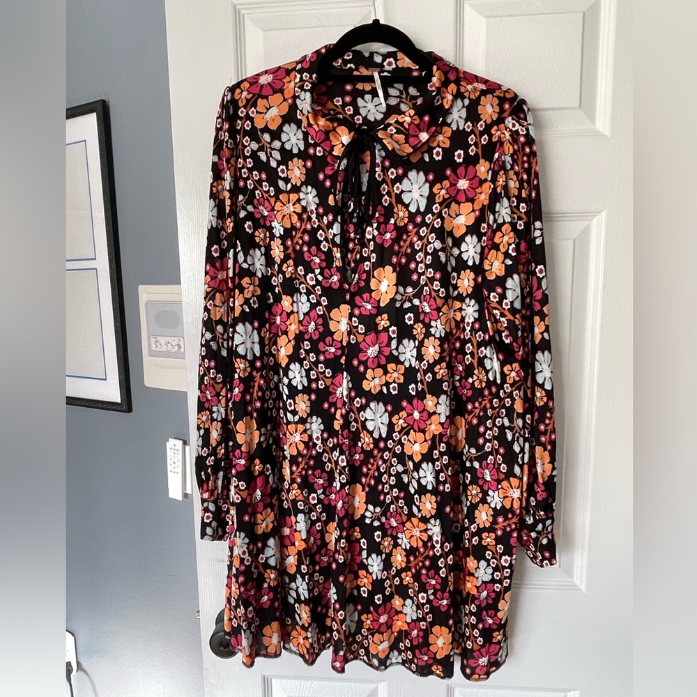 Free People Floral Long Sleeve Dress - Black, Orange, Pink, White